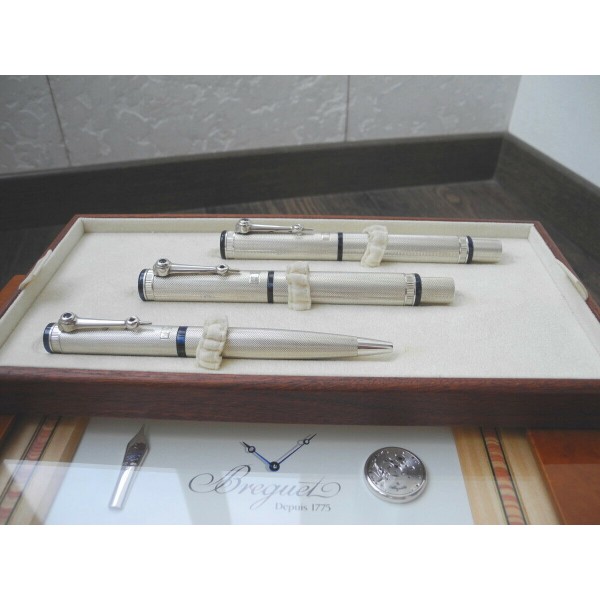 BREGUET 18K GOLD M nib SILVER Ag925 FOUNTAIN ROLLERBALL BALLPOINT PEN SET NEW