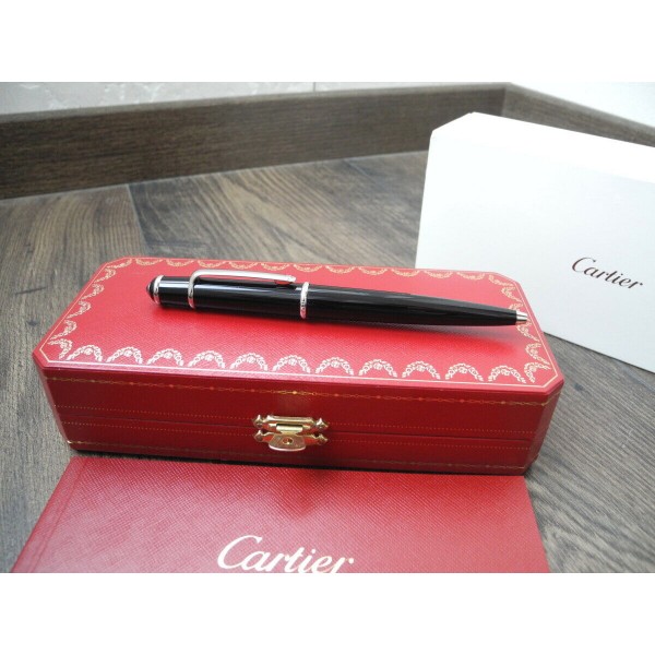 CARTIER DIABOLO LARGE BLACK COMPOSITE PALLADIUM BALLPOINT PEN FULL SET NEW