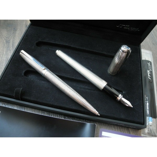 S.T. DUPONT FIDELIO Silver Grid Pattern FOUNTAIN 14K GOLD & BALLPOINT PEN SET 