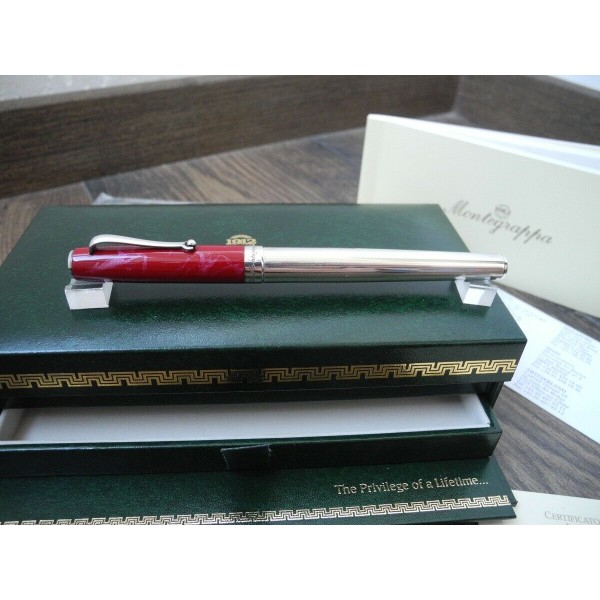 MONTEGRAPPA Z300 STERLING SILVER RED MARBLE ROLLERBALL PEN