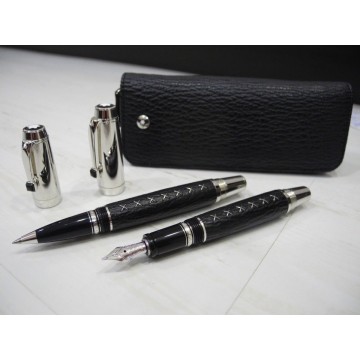 MONTBLANC BOHEME BLACK SHARK SKIN 18K GOLD FOUNTAIN ROLLERBALL PEN/CASE