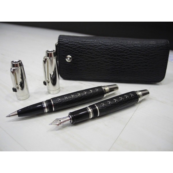 MONTBLANC BOHEME BLACK SHARK SKIN 18K GOLD FOUNTAIN ROLLERBALL PEN/CASE