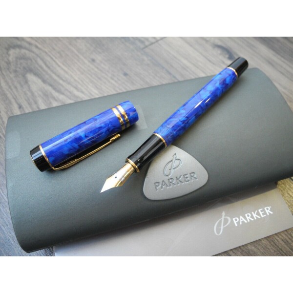 PARKER DUOFOLD INTERNATIONAL Lapis Lazuli GT 18K GOLD X nib FOUNTAIN PEN SET NEW