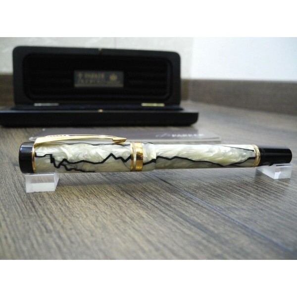PARKER DUOFOLD CENTENNIAL BLACK & PEARL 18K GOLD F nib FOUNTAIN PEN NEW SET
