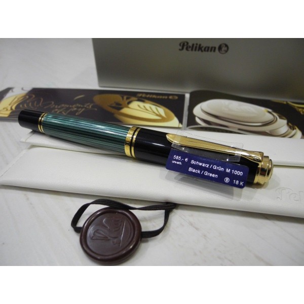 PELIKAN SOUVERAN M1000 BLACK&GREEN 18K GOLD B NIB FOUNTAIN PEN