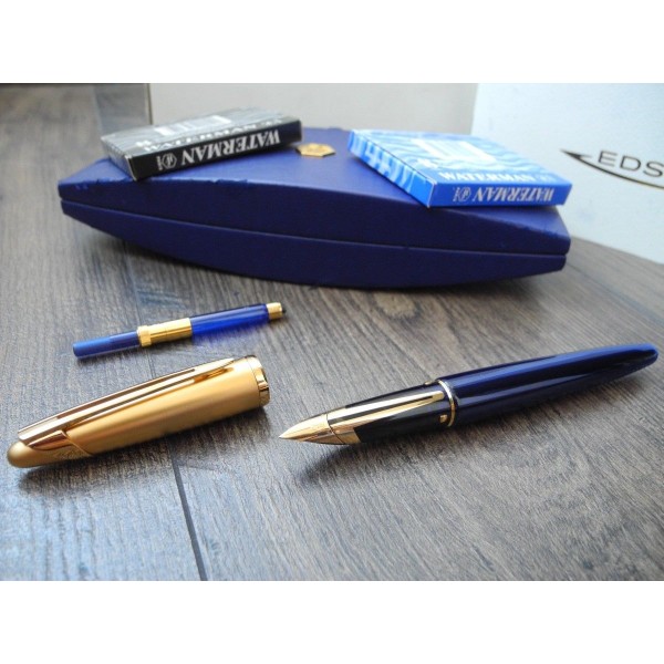 WATERMAN EDSON SAPPHIRE BLUE 18K GOLD F NIB FOUNTAIN PEN FULL SET MINT