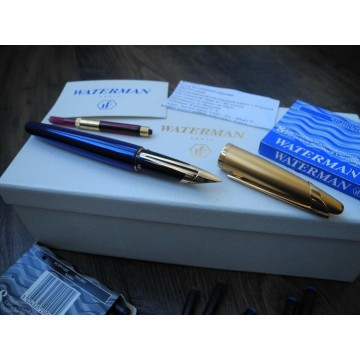 WATERMAN EDSON SAPPHIRE BLUE 18K GOLD F NIB FOUNTAIN PEN FULL SET PAPER NOS