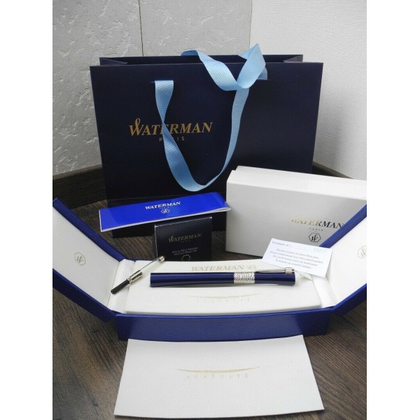 WATERMAN SERENITE LIMITED BLUE 18K WHITE GOLD F nib FOUNTAIN PEN SET NEW NOS