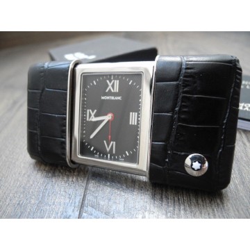 MONTBLANC TRAVEL SLIDING Black Dial Leather Case ALARM POCKET WATCH 102373 NEW